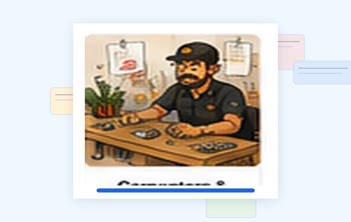 Cartoon illustration of a busy carpenters & joiners business owner dealing with paperwork and day-to-day work.