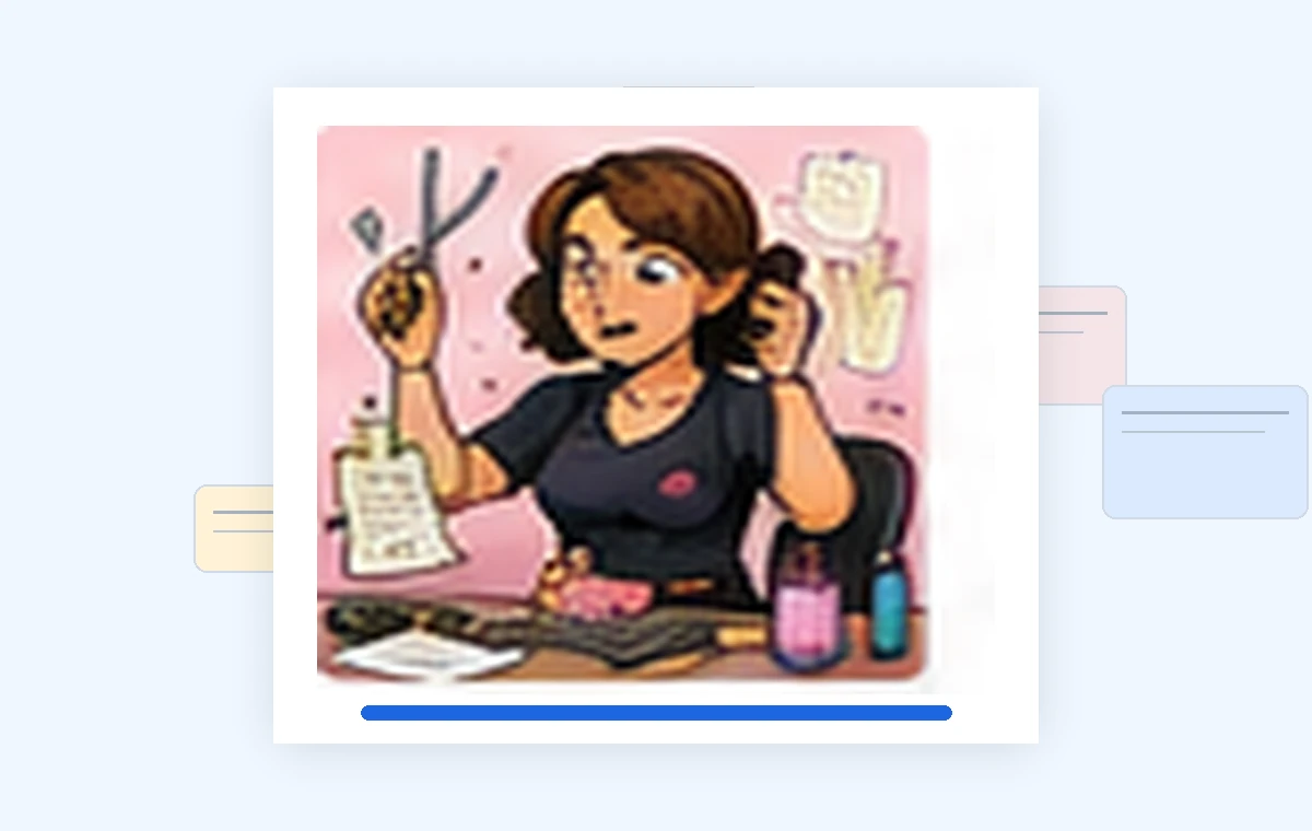 Cartoon illustration of a busy hairdressers & salons business owner dealing with paperwork and day-to-day work.