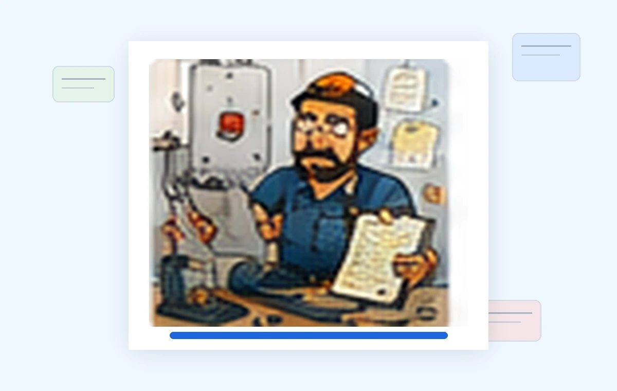 Cartoon illustration of a busy heating & gas engineers business owner dealing with paperwork and day-to-day work.