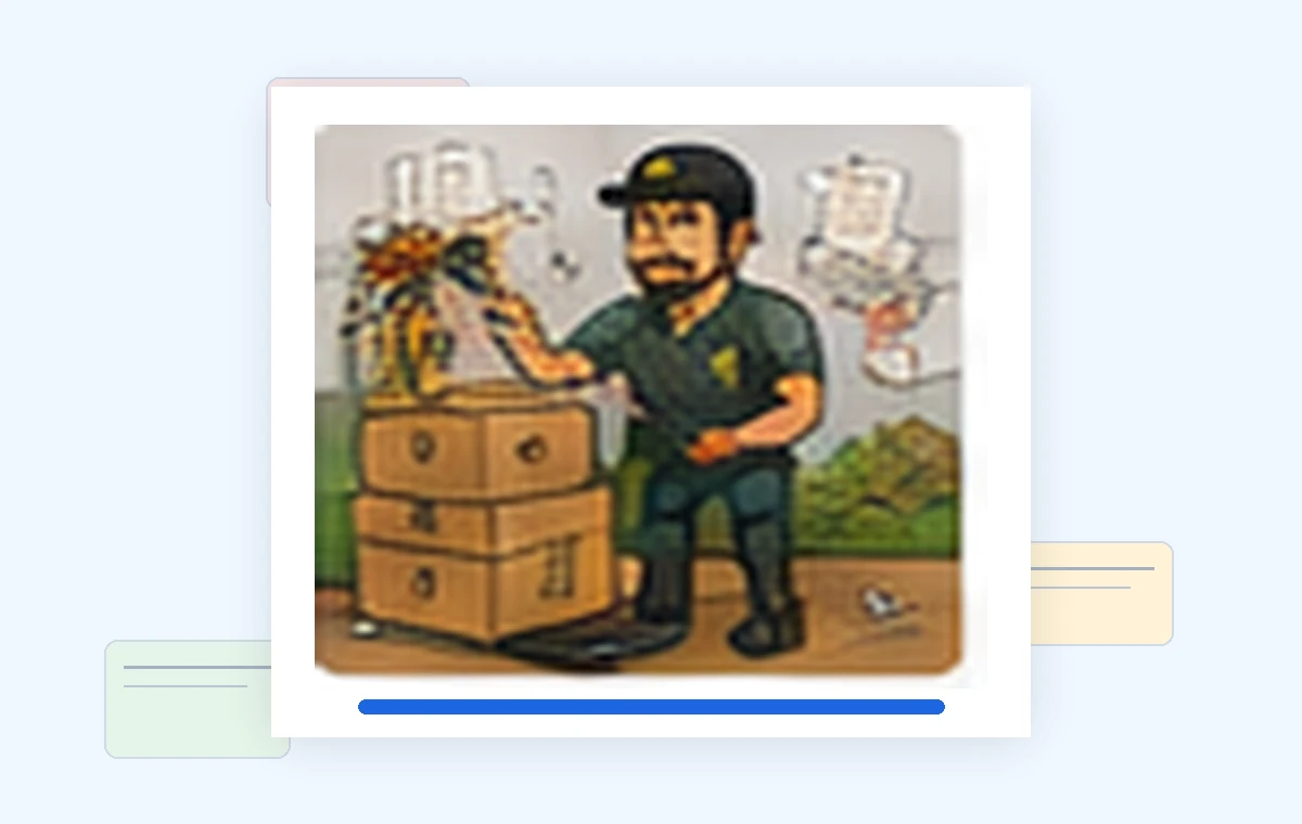 Cartoon illustration of a busy man & van / small removals business owner dealing with paperwork and day-to-day work.