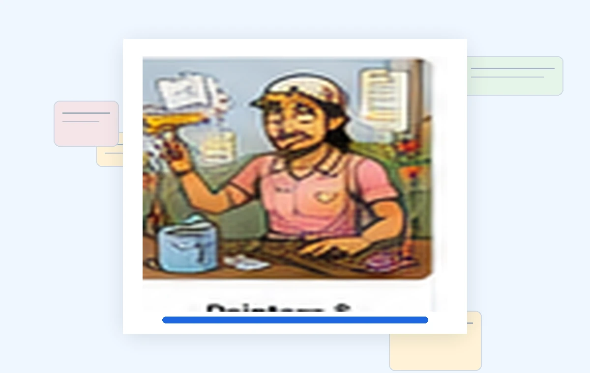 Cartoon illustration of a busy painters & decorators business owner dealing with paperwork and day-to-day work.