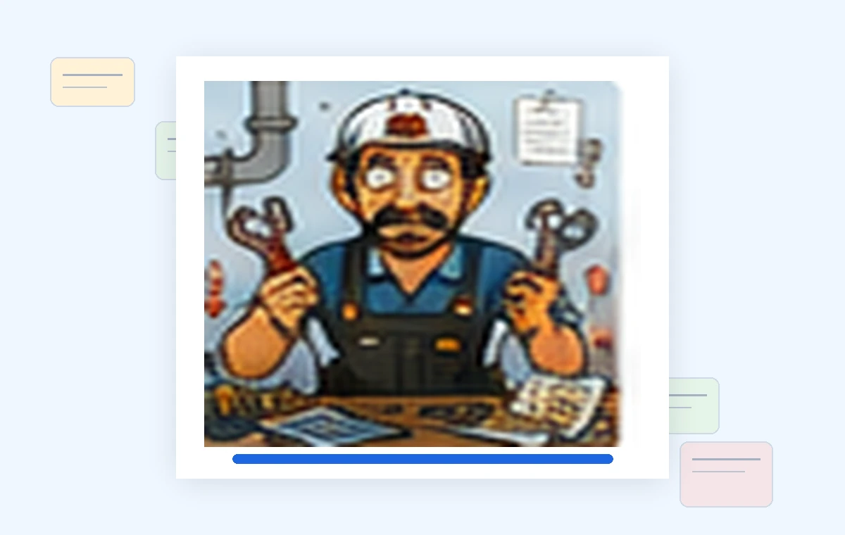 Cartoon illustration of a busy plumbers business owner dealing with paperwork and day-to-day work.