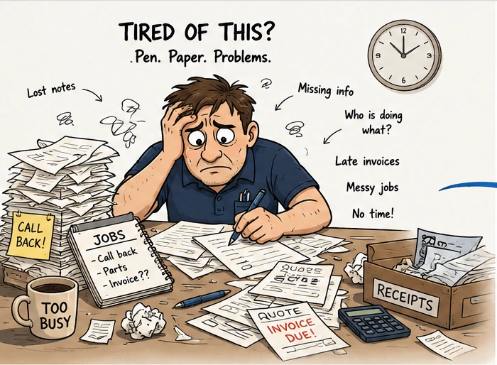 A tradesperson buried in paper job sheets, notes, receipts and overdue invoices